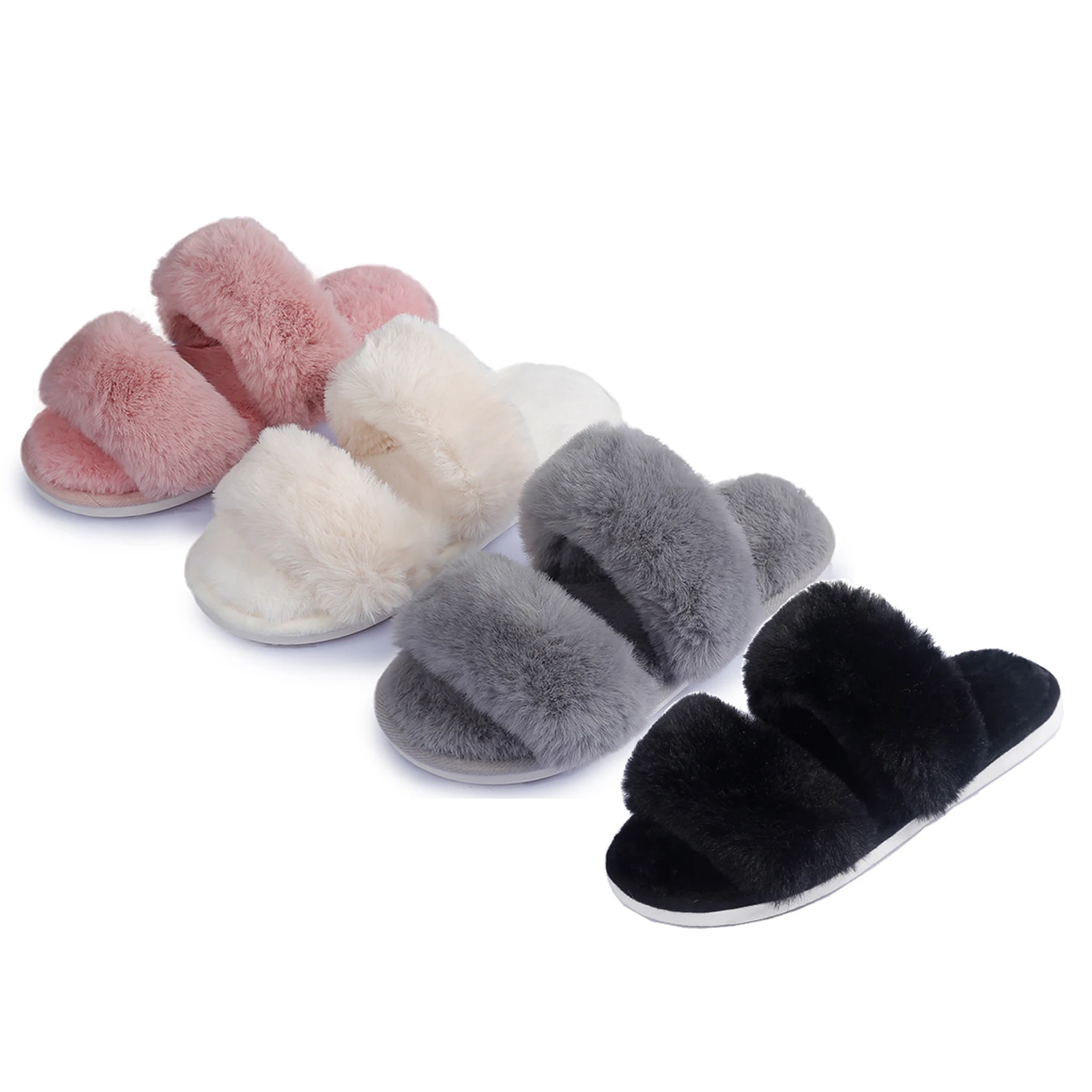 

Womens Open Toe Furry Slippers Double Straps Design Cute Soft Comfy Warm House Shoes for Men Non-Slip Unisex Size 36-41