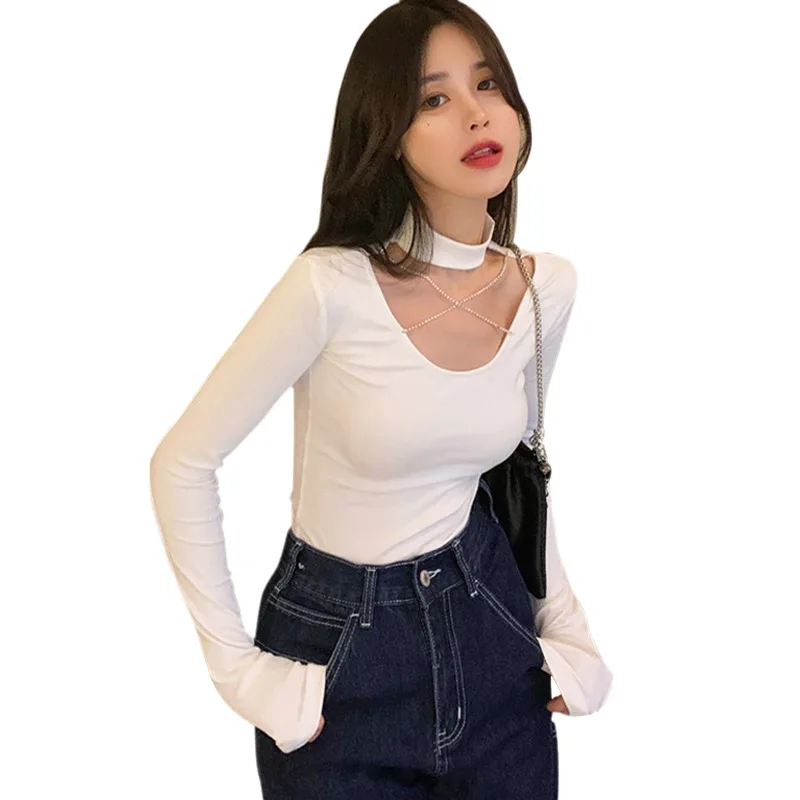 

Women's Korean Solid Color Hollow Out Slim Sexy Long Sleeve T Shirt Tops 2021