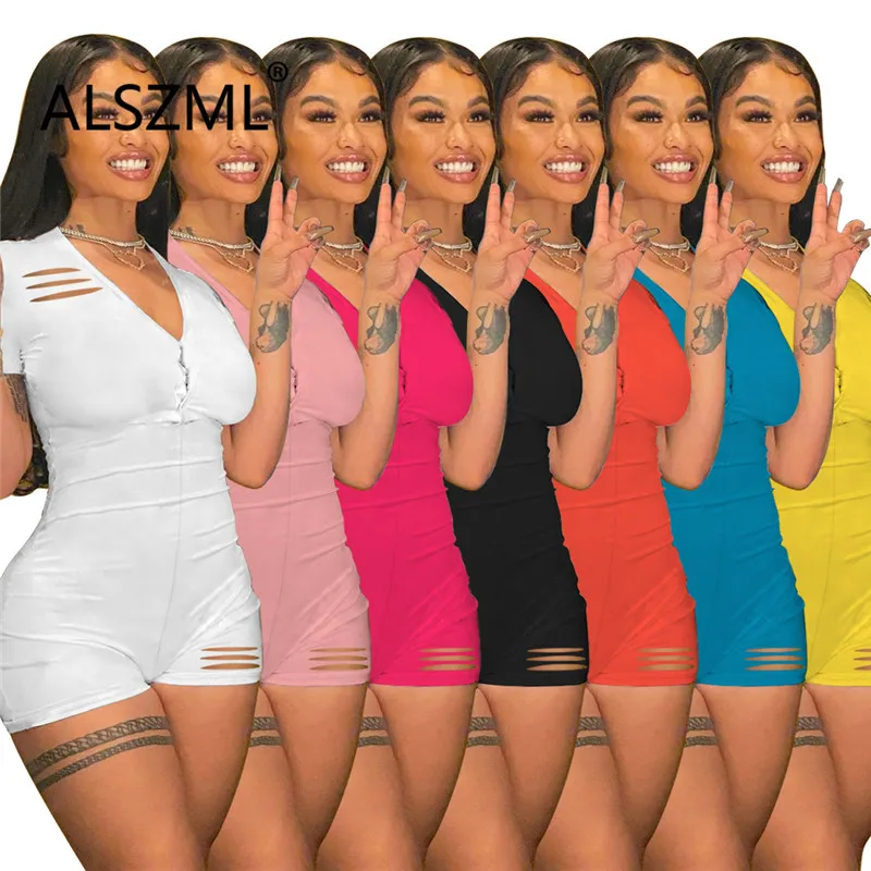 Простые однотонные облегающие комбинезоны с V-образным вырезом и коротким