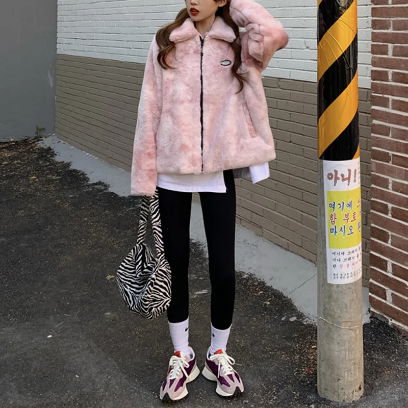 PERHAPS U Women Gray Pink Faux Fur Jacket Outwear Zipper Warm Thick Tie dye Chic Elegant C0476