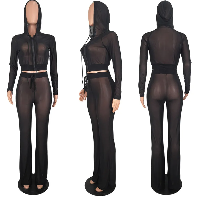 Черный прозрачный сетчатый комплект из двух предметов женский спортивный костюм