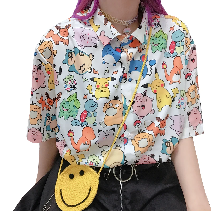 Летняя кавайная рубашка с покемоном женская на пуговицах в стиле Харадзюку милые