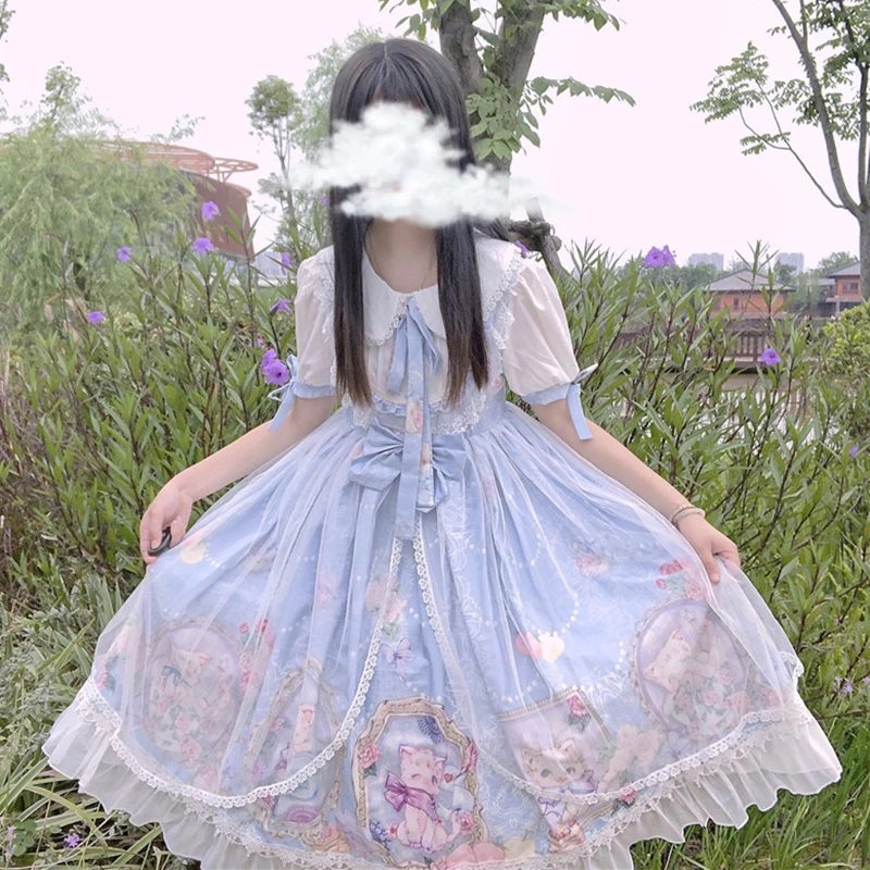 

MokoGoddess Lolita sweet Japanese soft sister Lolita cat high waist mesh short sleeve op dress Kawaii girl summer