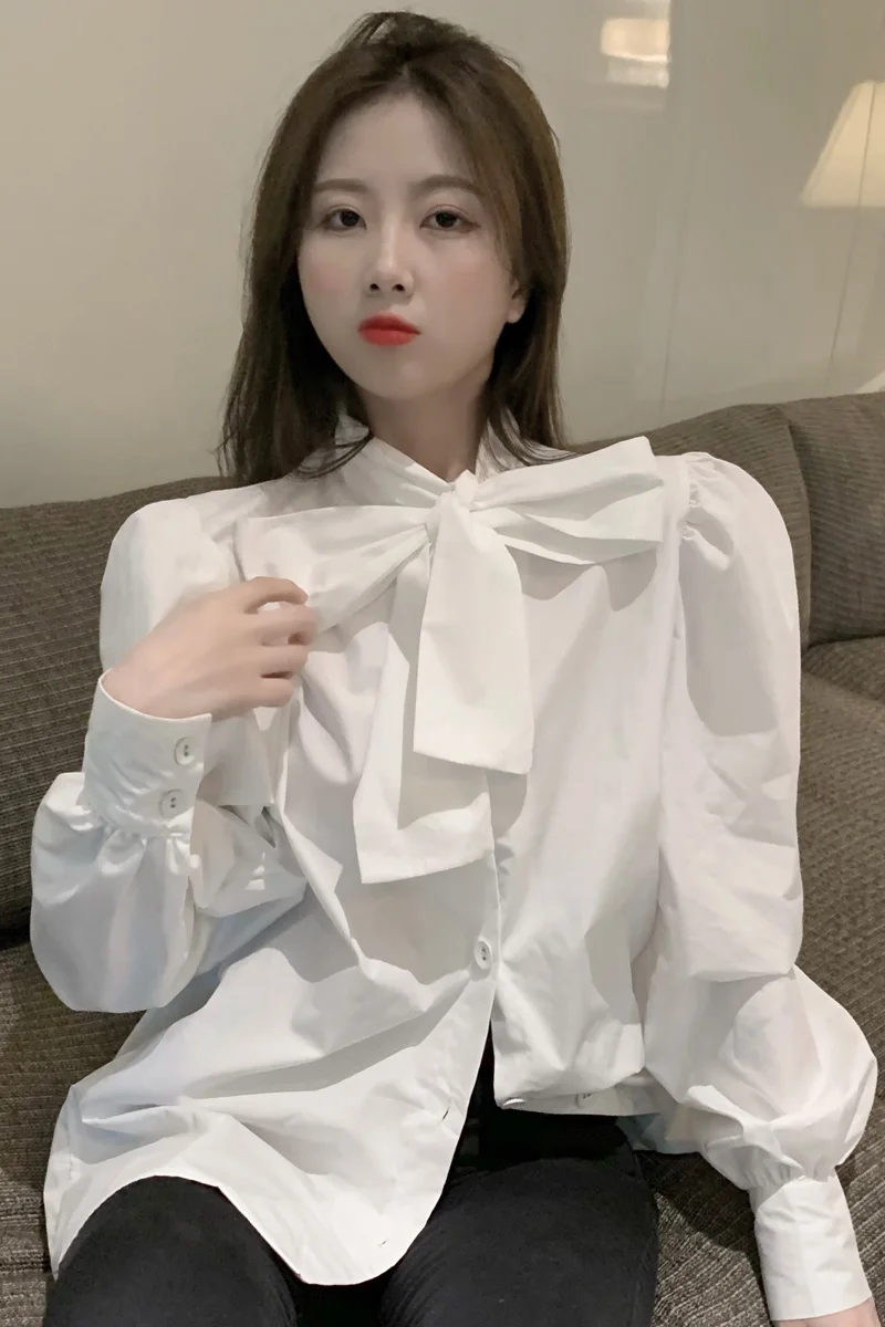 

COIGARSAM Vintage Full Sleeve Shirt Womens tops Bow Women shirts White Color Card 0322