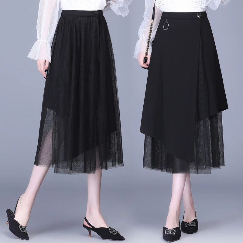

Асимметричная сетчатая черная юбка для женщин, новинка весны 2021, трапециевидная юбка для мам с высокой талией, двухсторонняя юбка средней д...