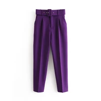 2020 new womens casual purple pant capris with belt high waist yellow chic office lady pant trousers streetwear female pant