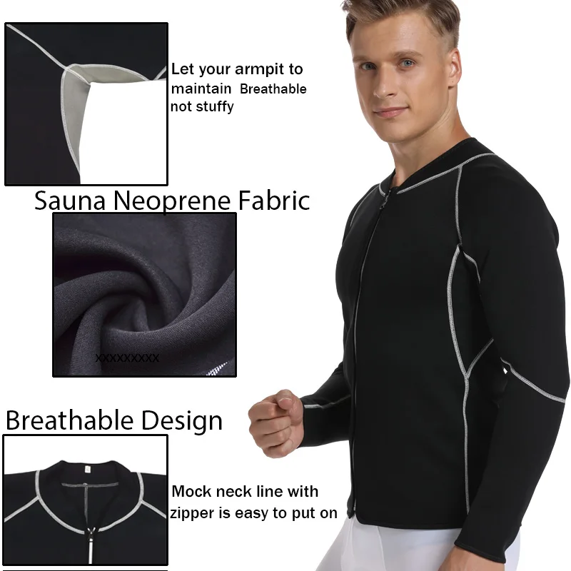 Men Sweat Neoprene Weight Loss Sauna Suit Workout Shirt Body Shaper Fitness Jacket Top Shapewear Long Sleeve Compression Shirts