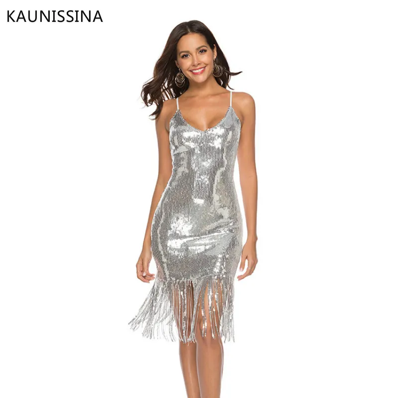 KAUNISSINA, элегантные коктейльные платья с блестками, сексуальные платья с v-образным вырезом, Длинные вечерние платья, Клубная одежда с блестками, платье для выпускного вечера - Цвет: Серебристый