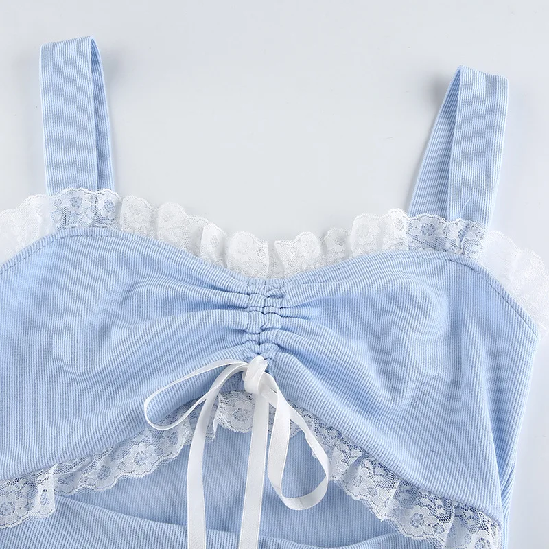 

Sweet Lace Hollow Out Cottagecore Dress Fake Two Piece Slip Dress Blue Summer Hollow Out Drawstring Split Spaghetti Strap Dress
