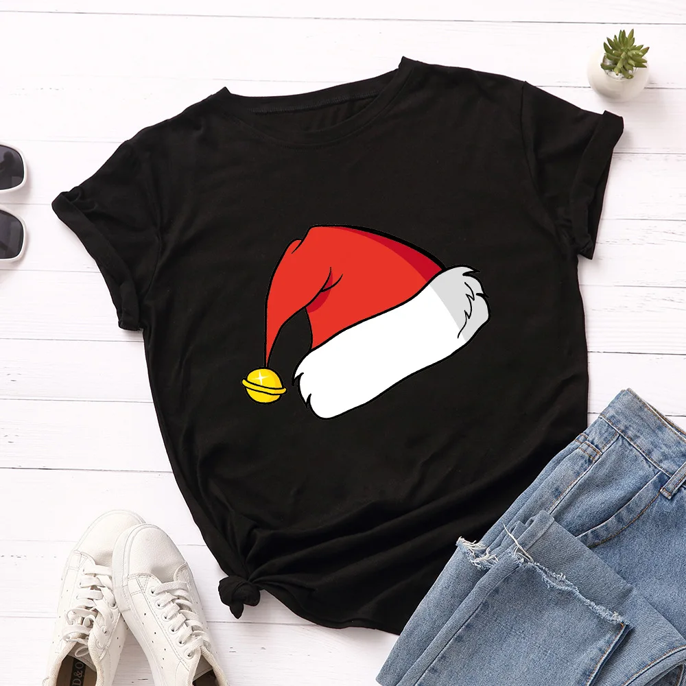 

100% Cotton Christmas Hat Print Women T-shirt 2020 Fashion Plus Size Short Sleeve Basic Tees Loose Top Harajuku Ladies Tshirts