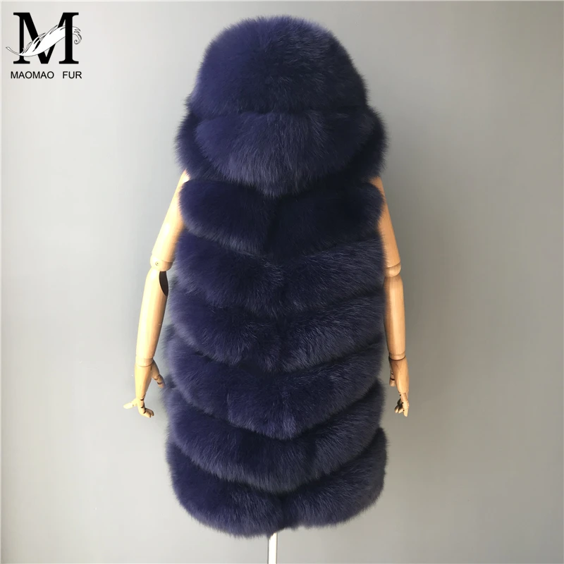 Жилет женский полосатый из натурального Лисьего меха на молнии с капюшоном |