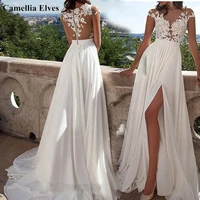 sexy slit boho wedding dresses 2022 lace a line scoop bride dress chiffon vestido de novia bohemia bridal gowns sweep train
