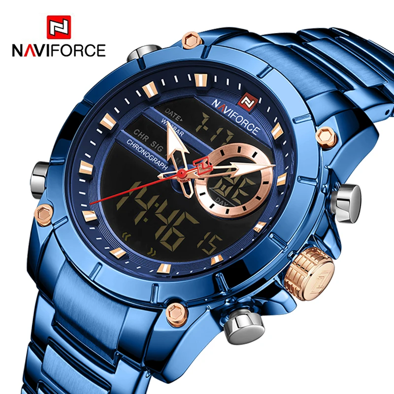 

Часы наручные NAVIFORCE Мужские кварцевые, модные роскошные брендовые светодиодные цифровые водонепроницаемые со стальным браслетом, с больши...