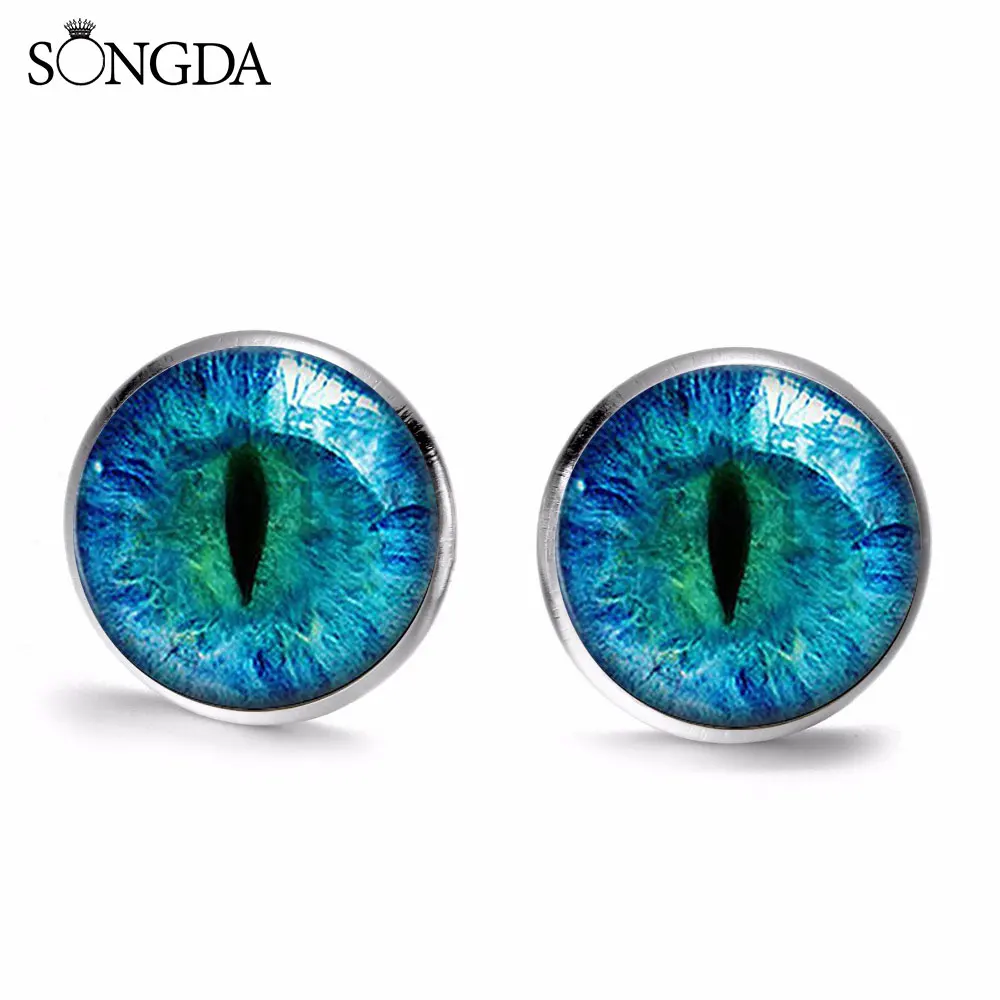 Крутые серьги-гвоздики глаза Дракона зеленые синие фиолетовые красные