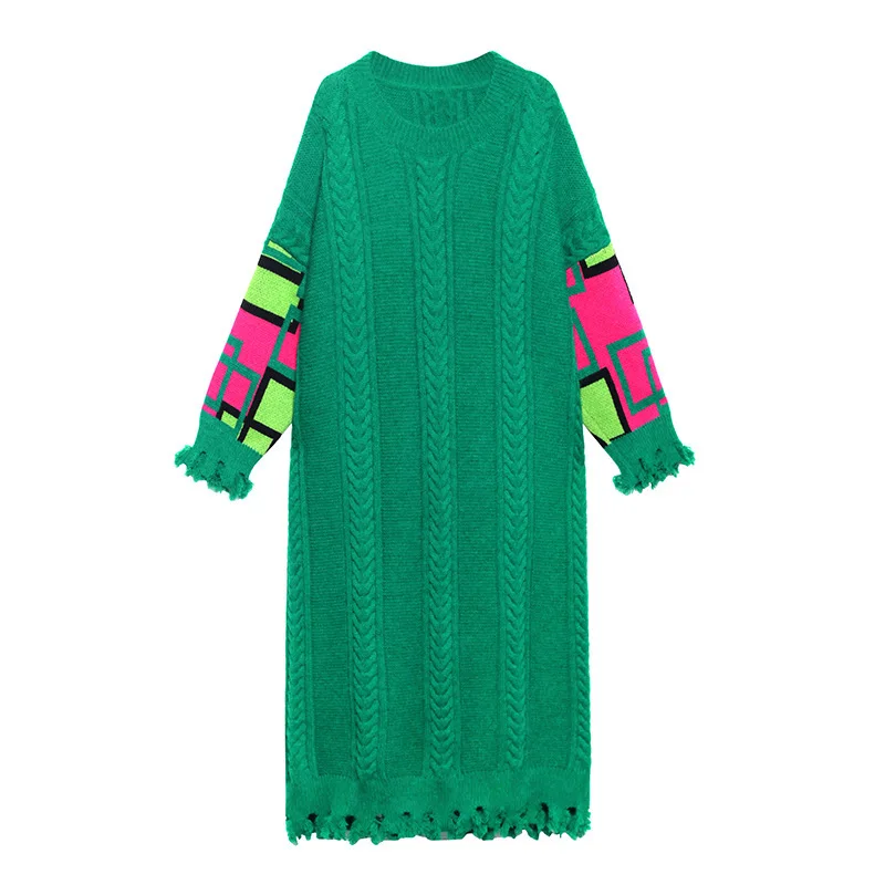 

CHICEVER Casual Patchwork Dress For Women O Neck Long Sleeve Hit Color Tassel Loose Thick Oversized Dresses Female Fashion Style