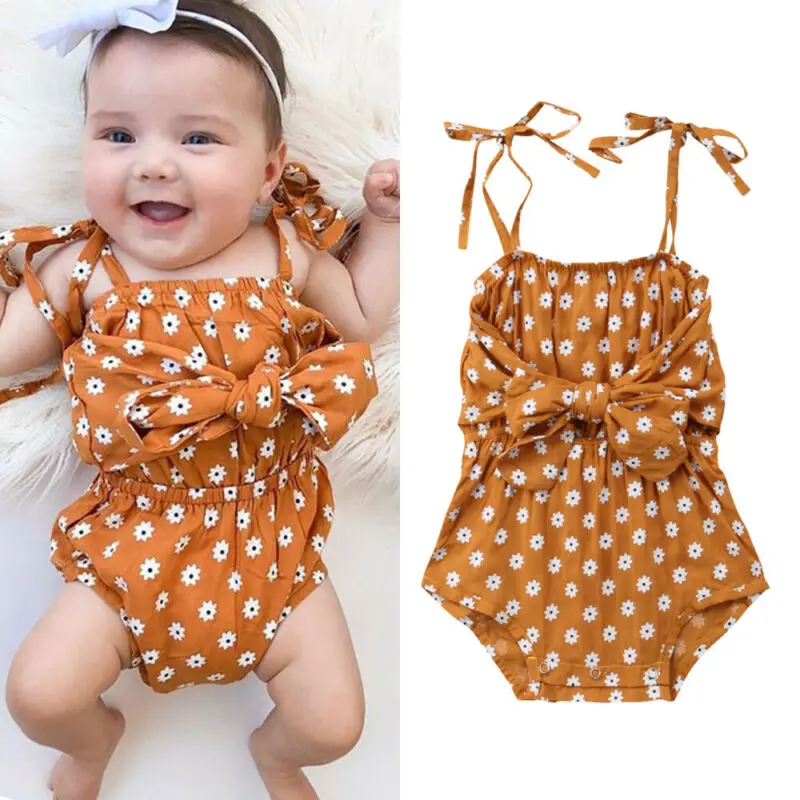 

Летний комбинезон для новорожденных девочек на бретелях с цветочным рисунком Боди с бантом наряд сарафан Одежда