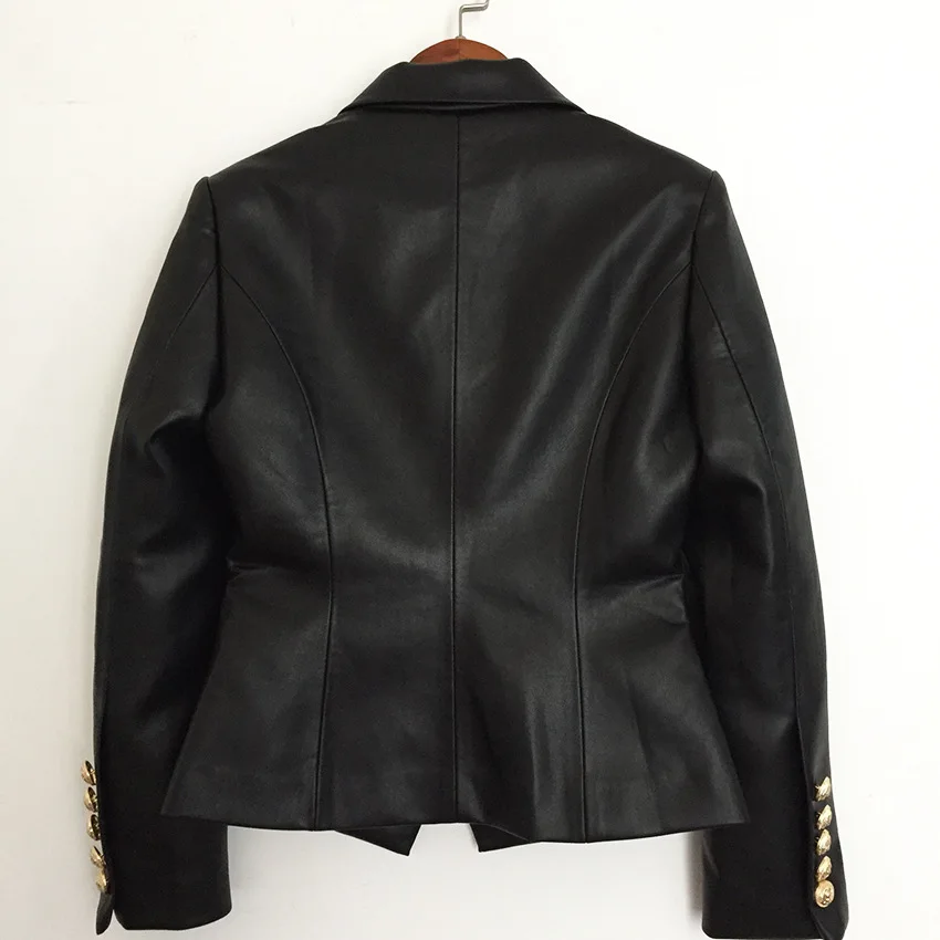 

[DEAT] V-neck Collar Long Sleeve Double Breasted Solid Black Synthetic Leather Fitting Suit Leather Coat 2021 Spring GX728
