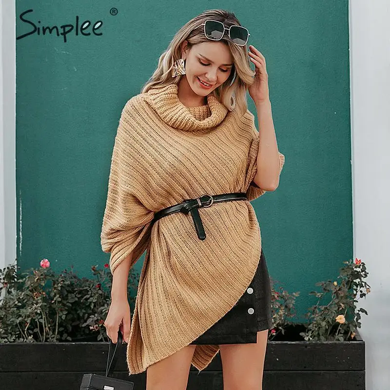 Simplee Autumn knitted turtleneck pullovers poncho sweater women Vintage khaki manta Winter gary thick jumper | Женская одежда