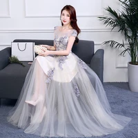 illusion tulle women evening dresses applique beaded wedding formal o neck princess evening gowns prom party robe de soiree