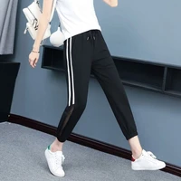 women jogger pants student 2021 new summer thin net yarn stripe female ankle length pants teenager girls korean style black n102