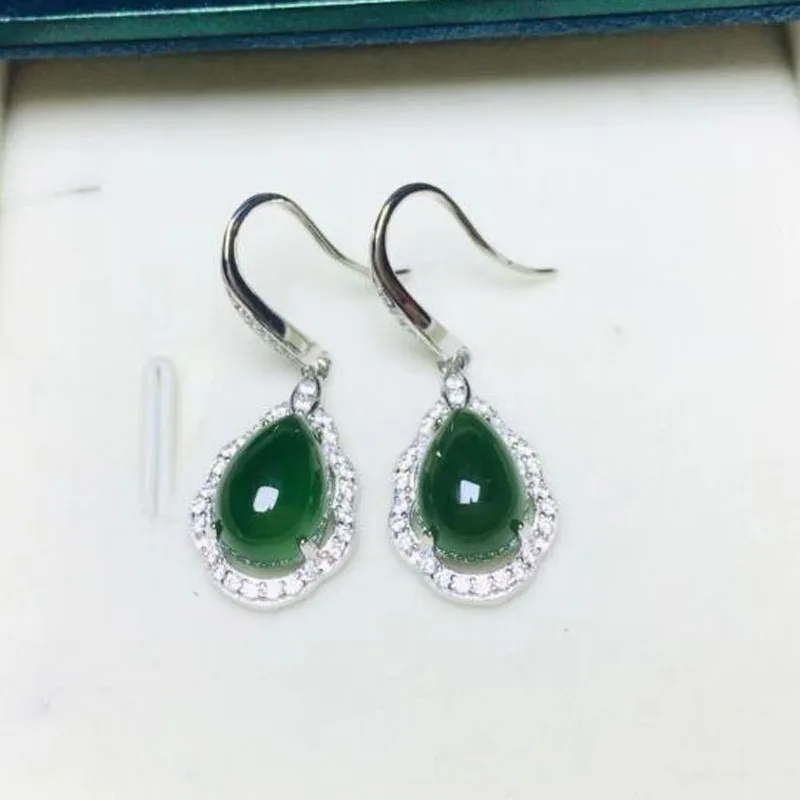 Женские серьги подвески из серебра 925 пробы с зеленым нефритом|Серьги-подвески| |