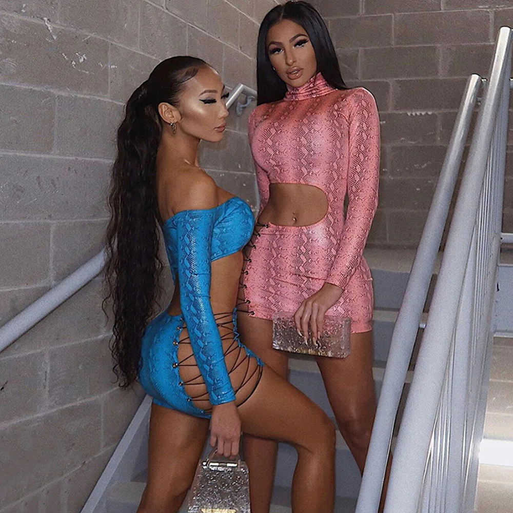 

Змеиной кожи печати сексуальные мини вечерние платье для женщин с высоким, плотно облегающим шею воротником, длинный рукав, Утягивающее, бо...