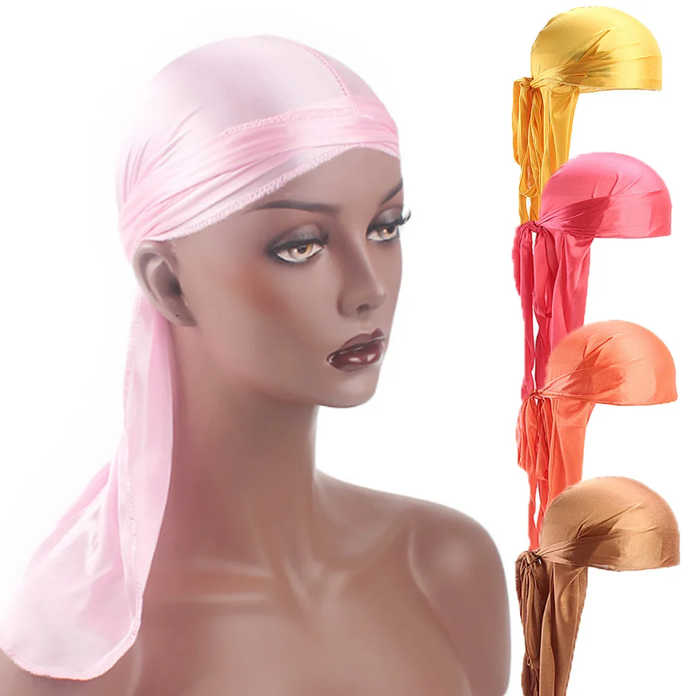 

Fashion Multicolor Unisex Bandanas Turban Hat Satin Silky Durags Headwear Solid Long Hat Tie Down Tail Headband Hair Accessories