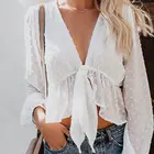 Женская блузка в горошек, с длинным рукавом и V-образным вырезом