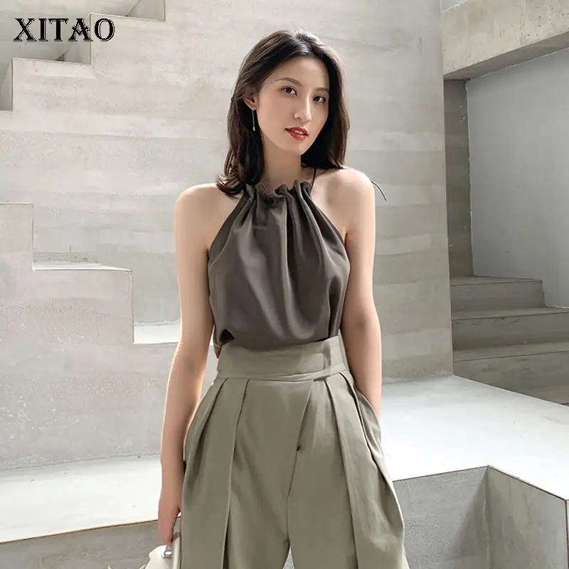 

XITAO Drawstring Wrinkles Camis Women Trendy Fashion New Style O Neck Collar Sleeveless Pleated Sexy Elegant Chiffon Top ZY5654