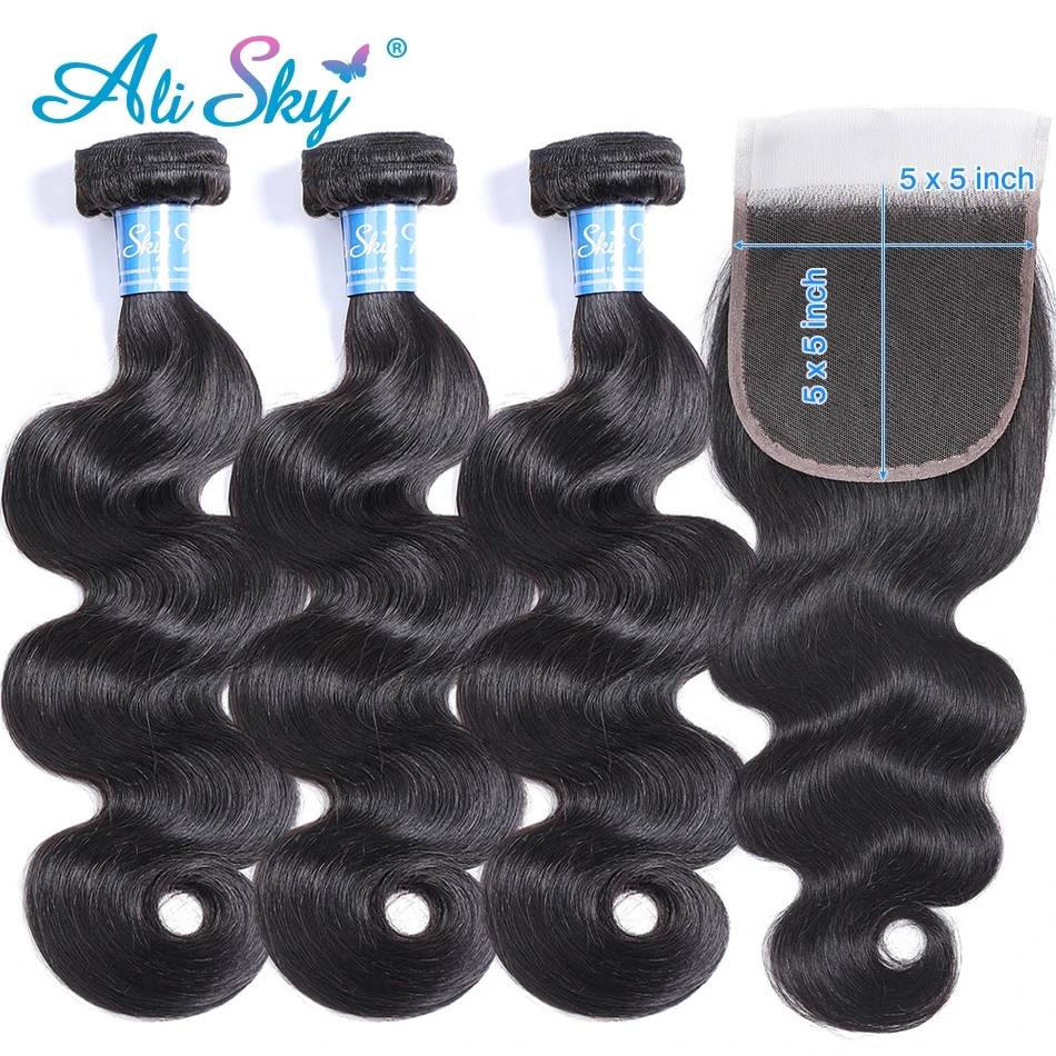 AliSky Peruvian Hair Body Wave Bundles with Closure Pre Plucked Closure 5x5 Closure with Bundles Remy Hair Extensions Human Hair