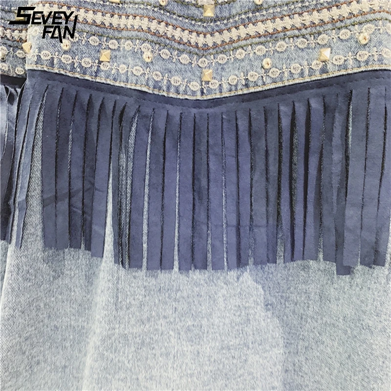 

Rivet Punk Denim Jackets Women Vintage Pattern Embroidery Long Tassel Fashion Blue Jeans Jacket 2021 New Oversized Streetwear