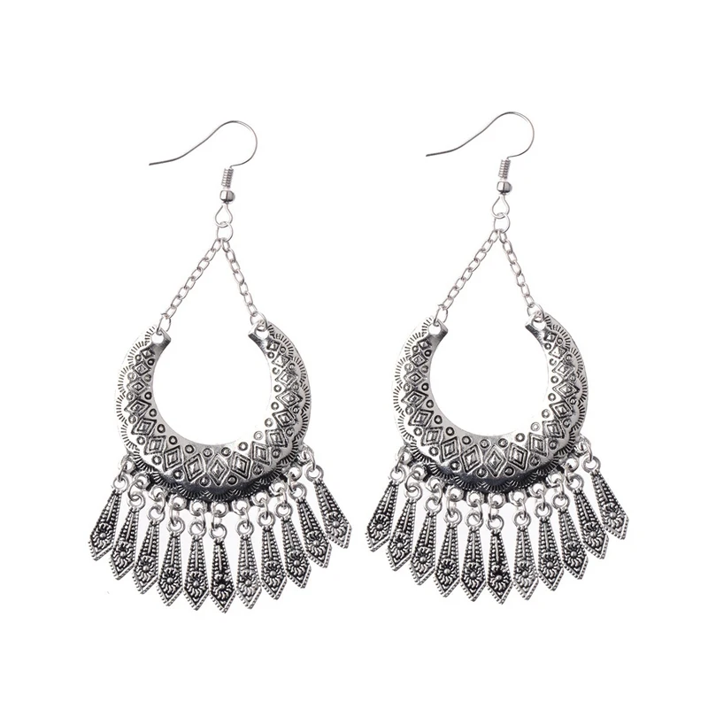 OIQUEI, индийская Jhumka, ювелирное изделие,, модные жемчужные кисточки, богемные, винтажные, серебряные, большие, круглые колокольчики, висячие серьги для женщин - Окраска металла: HXE002-2