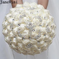 janevini 30cm luxury rhinestone bridal bouquet brooch bouquet ivory handmade crystal wedding boeket bouquets satin rose wesele