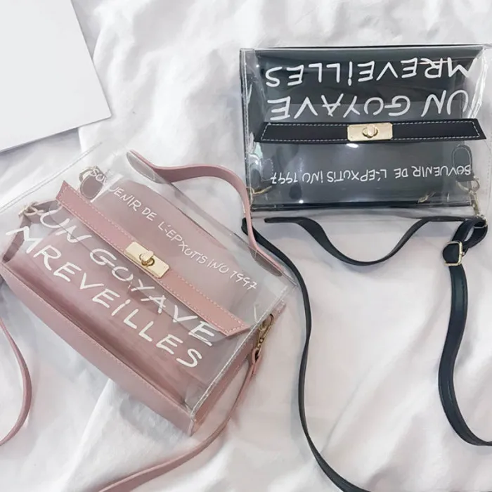 Women Composite Bags PVC Transparent Handbag Letters Printed PU Leather Purse Shoulder Bag-OPK