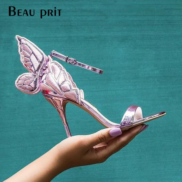 Женские босоножки на высоком каблуке с золотой вышивкой и бабочкой Роскошная