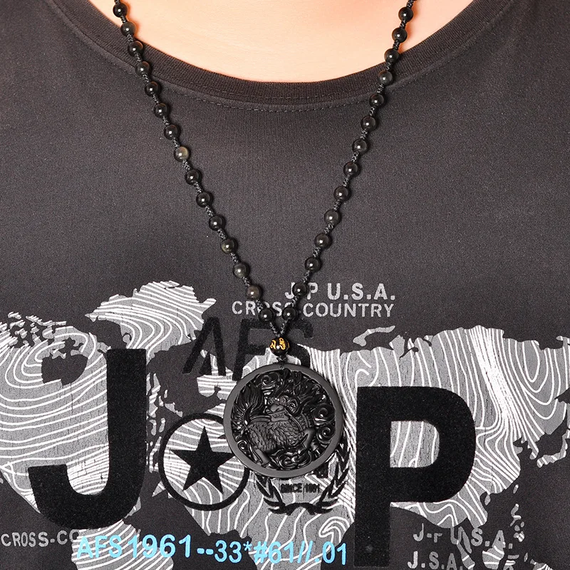 Натуральный черный обсидиан Кирин Единорог нефрит кулон ожерелье Китайский