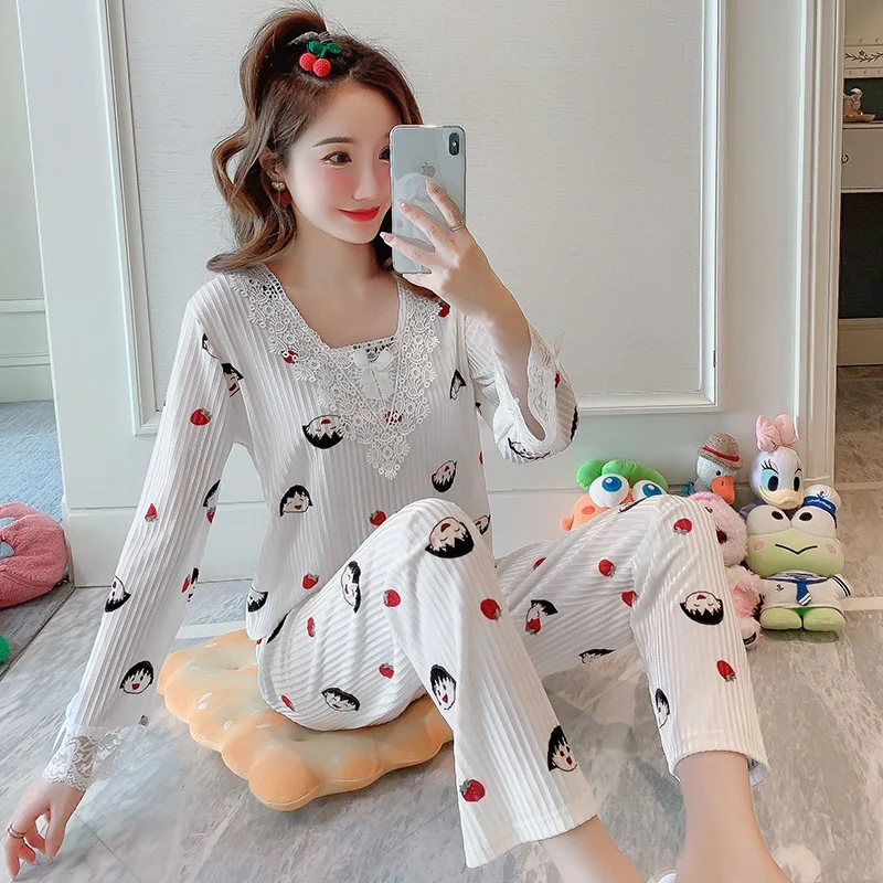 

2020 Autumn Winter Long Sleeve Gold Velvet Print Pajama Sets Women Cute Lace V-neck Sleepwear Homewear Pijama Mujer Home Clothes