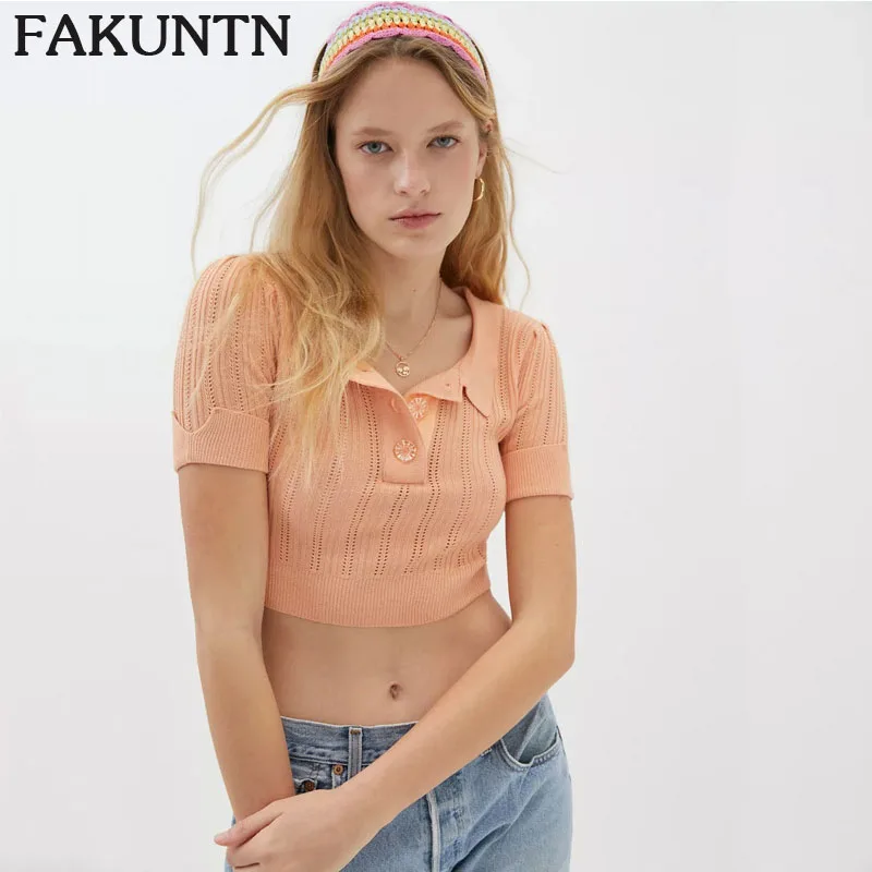 

y2k Women's Short Sleeve T-shirt 2021 New Casual Crop Top Summer Clothes For Women Sexy Hollow Out Kawaii Knit Tee Shirt Tops