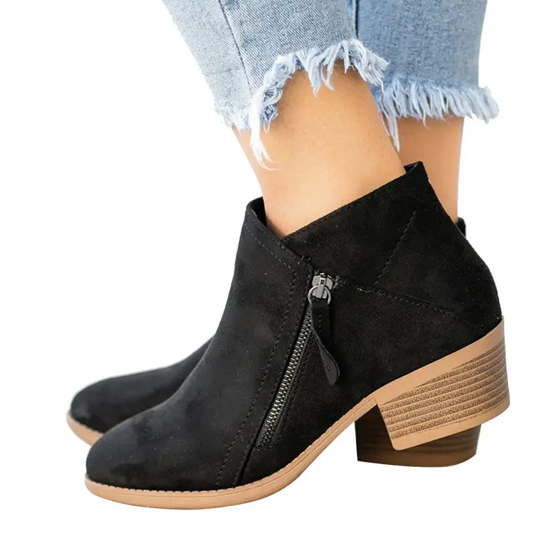 New Style Ladies Autumn Round Toe Boots Ladies Boots Faux Leather High Heel Ankle Boots Fashion Pointed Toe Zipper Winter Boots