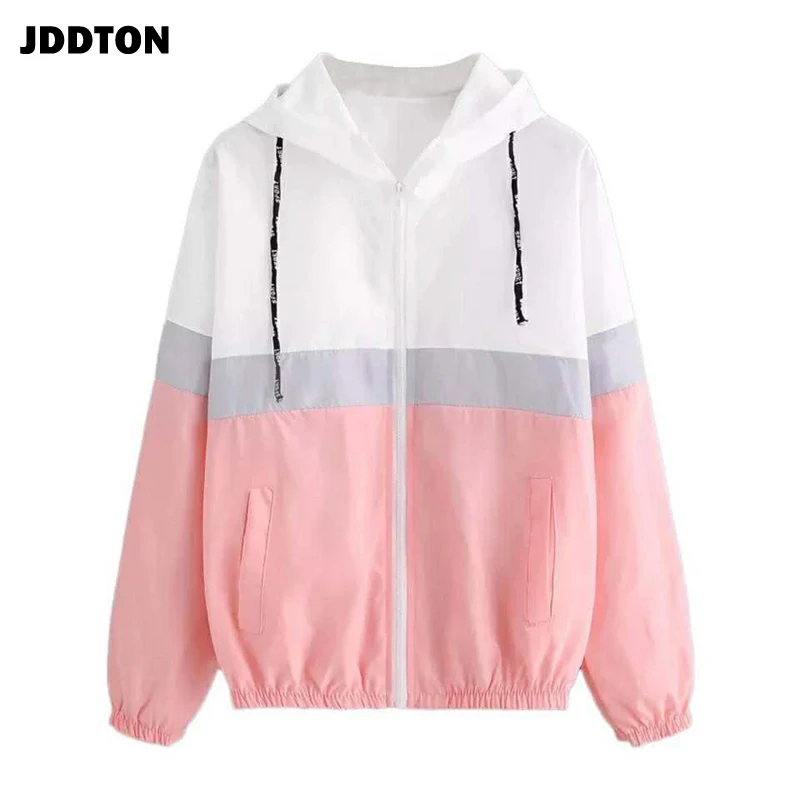 

JDDTON Women's Hooded Jackets Patchwork Long Sleeve Clothing Multicolor Beam Waist Coats Female Casual Windbreaker EU Size JE286