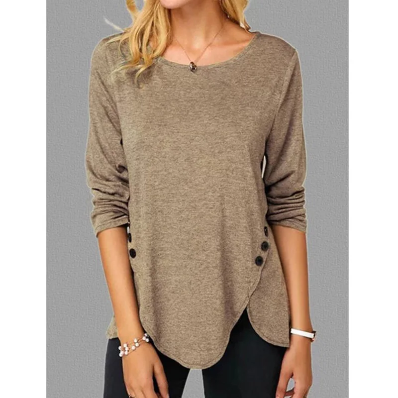

Women Casual Long Sleeve O Neck Button Irregular T Shirt Spring Vintage Loose Shirt Plus Size 3XL Tee Shirt Oversized Tops 2021