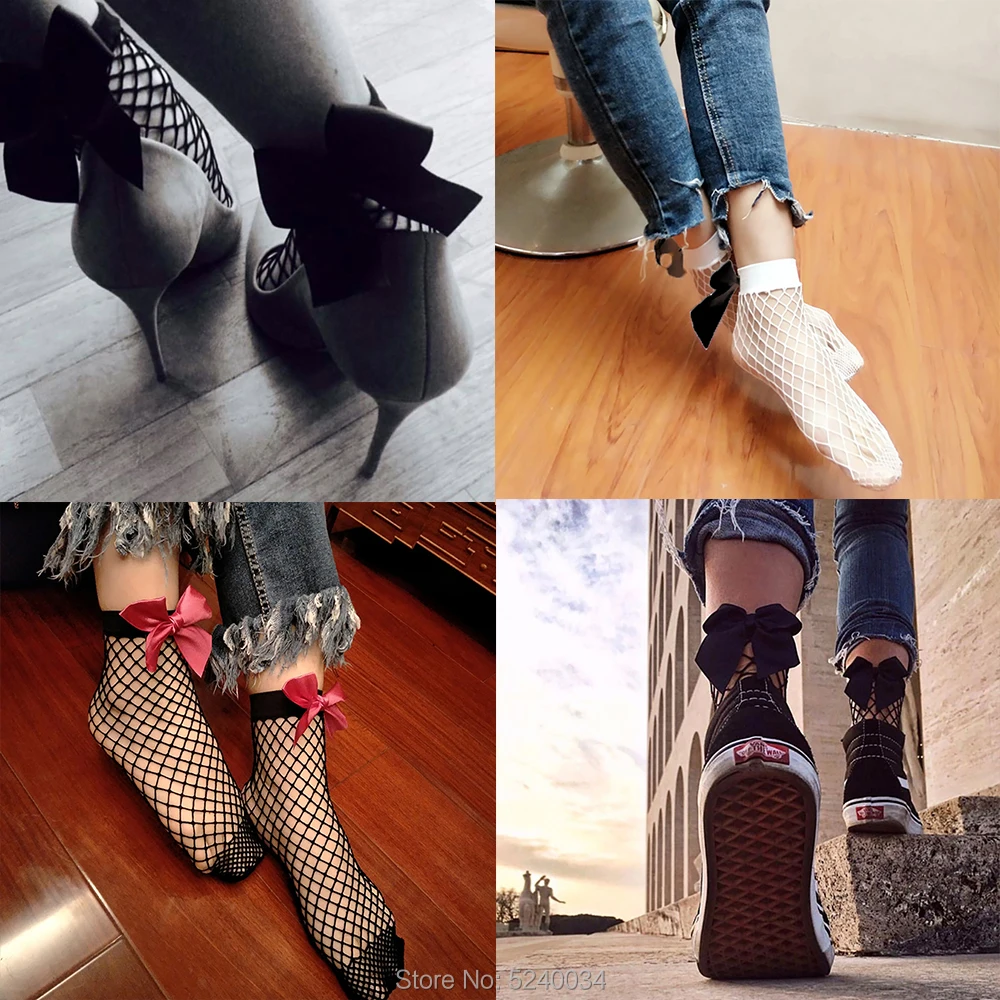 

Women Ruffle Bow Fishnet Ankle High Socks Mesh Lace Fish Net Short Socks