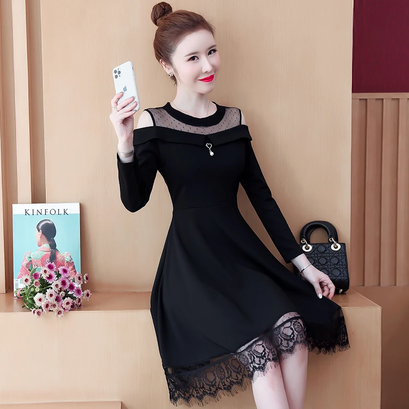 

COIGARSAM 5XL Plus Size Fashion Patchwork Women one-piece dress korean Spring Mesh Dresses 9253