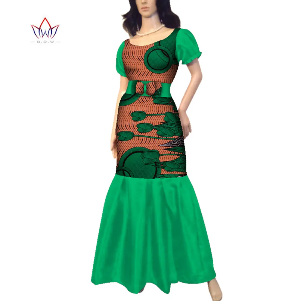 

Dashiki African Dress for Women Bazin Riche Short Sleeve Print Draped Long Princess Dresses with Bowtie African Clothes WY3563