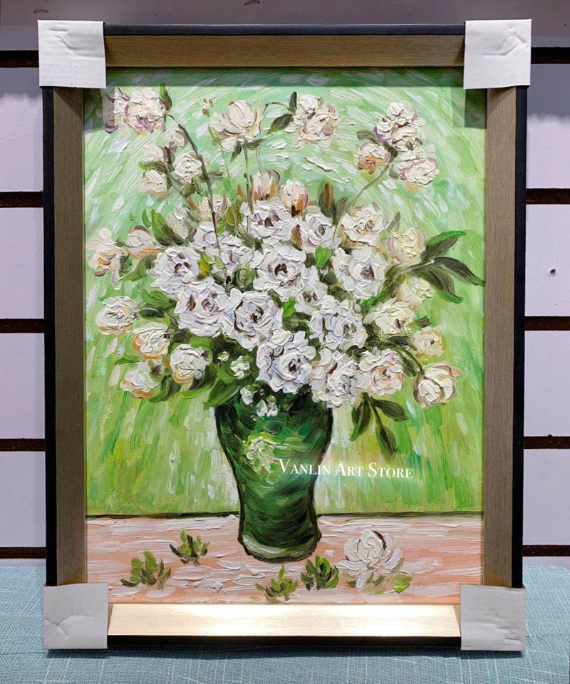 

30x40CM canvas In stock Hand painting oil painting Van Gogh white rose flower for Living Room Hand painted Wall Decor