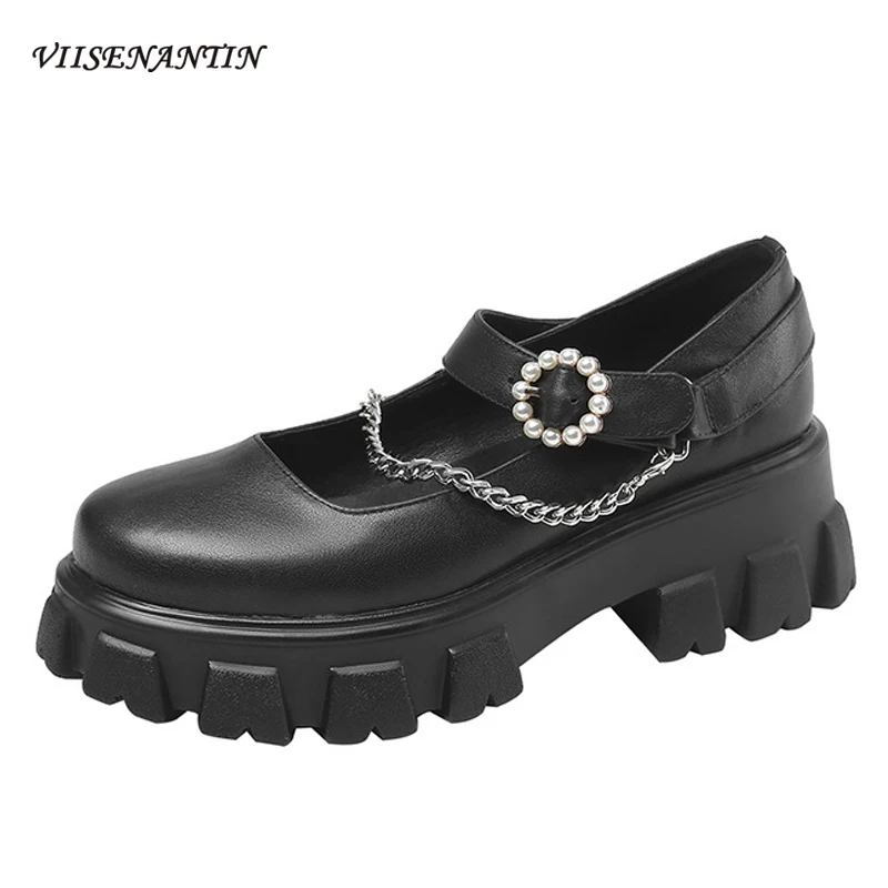 

Spring/autumn Chunky Sole Fashion Pumps Round Toe Chain Pearl Buckle Thick High Heel Platform Mary Jane Shoes Designer for Women