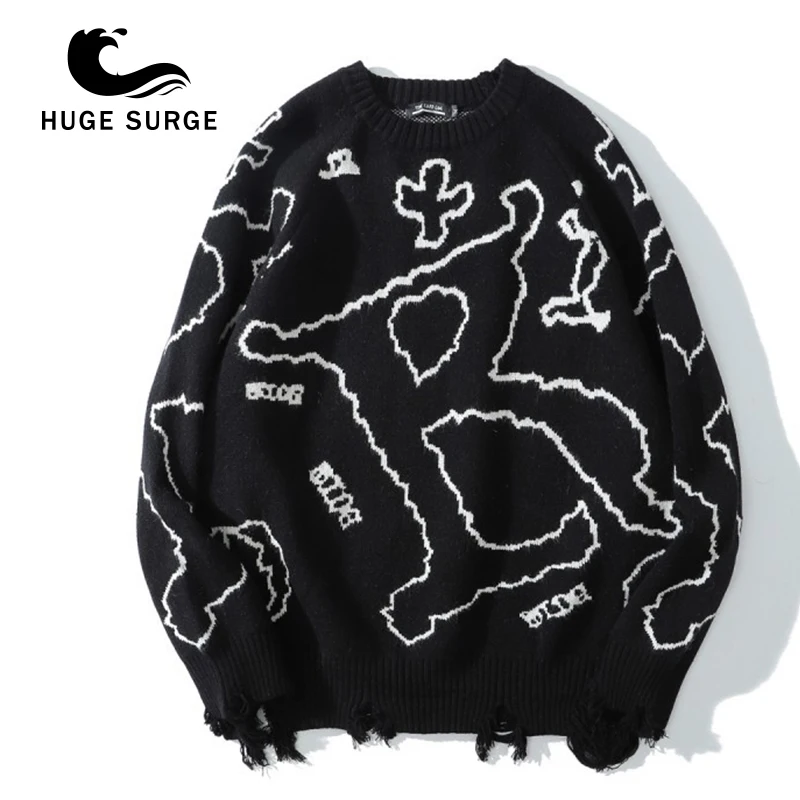 

HUGE SURGE Sweater Men Funny Cartoon Graphic O-Neck Knitted Sweater Casual Harajuku High Street College Style Streetwear Male