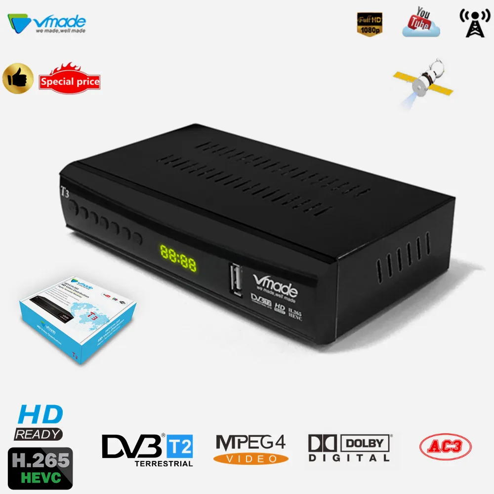 Vmade DVB-T2 T3 цифровая ТВ приставка H.265 HD 1080P цифровой эфирный приемник Поддержка Dolby AC3 Youtube Стандартный ТВ приставка
