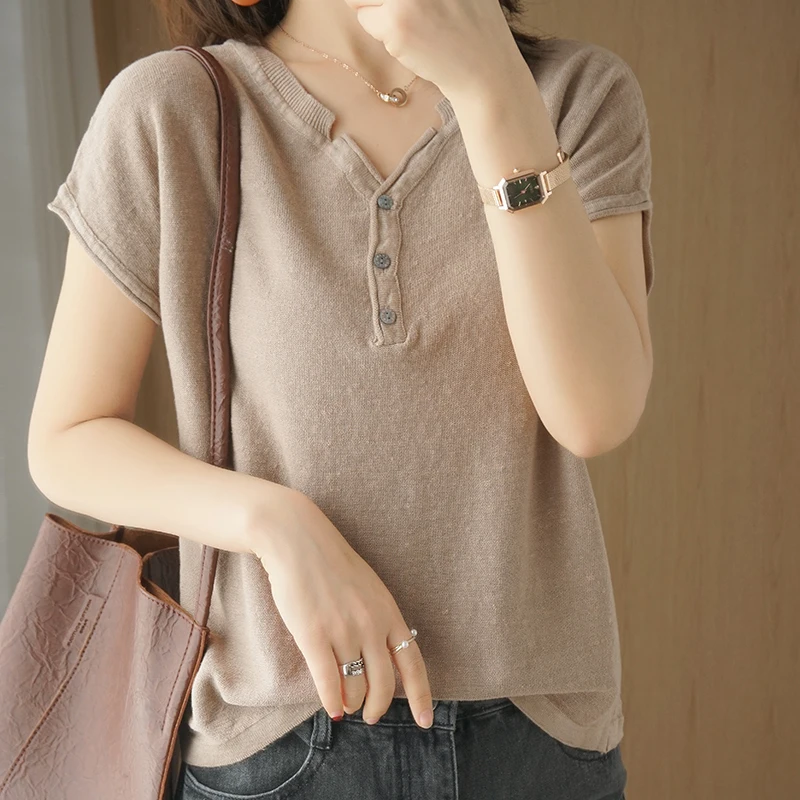 2020 New Cotton and Knit Short-Sleeved Female V-Neck Loose Loose Thin T-shirt Summer Half-sleeved Shirt Solid Color Bottoming