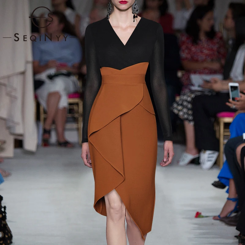 

Женское эластичное платье SEQINYY, до колена, черного и коричневого цвета, элегантное, для офиса, для весны и лета